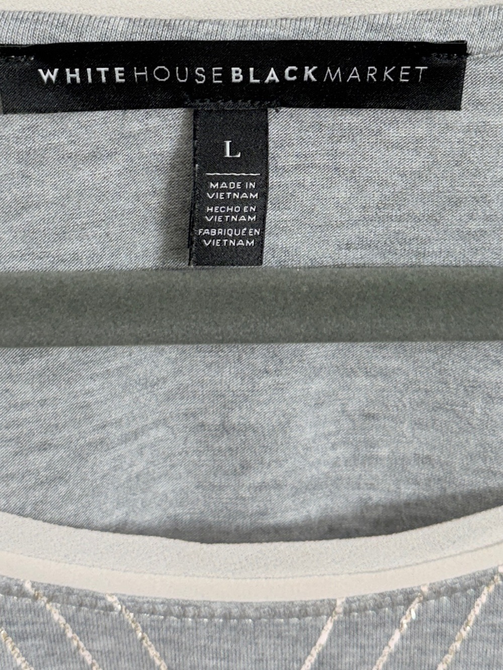 White House Black Market Gray Knit Gold Glitter Tee with Cream Accents. Size L - Picture 5 of 5